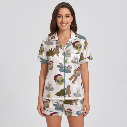 Alien & Bigfoot Christmas Women's Pajama Set - short sleeve and shorts