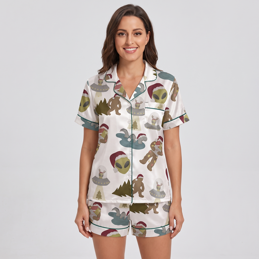 Alien & Bigfoot Christmas Women's Pajama Set - short sleeve and shorts