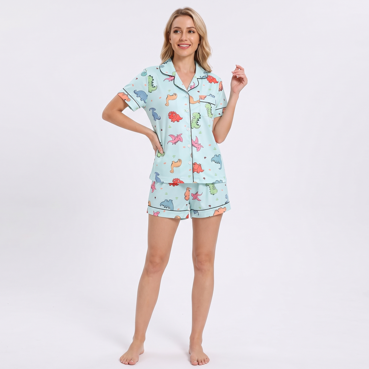 Dino Dreams Women's Pajama Set - Mint - short sleeve and shorts