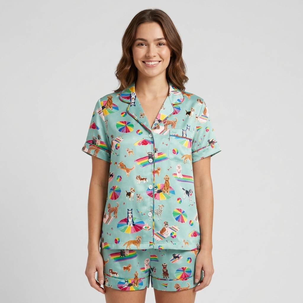 Women's satin pajama set with retrievers and beagles on rainbow beach umbrellas on seafoam green - short sleeve and shorts