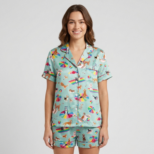 Women's satin pajama set with retrievers and beagles on rainbow beach umbrellas on seafoam green - short sleeve and shorts