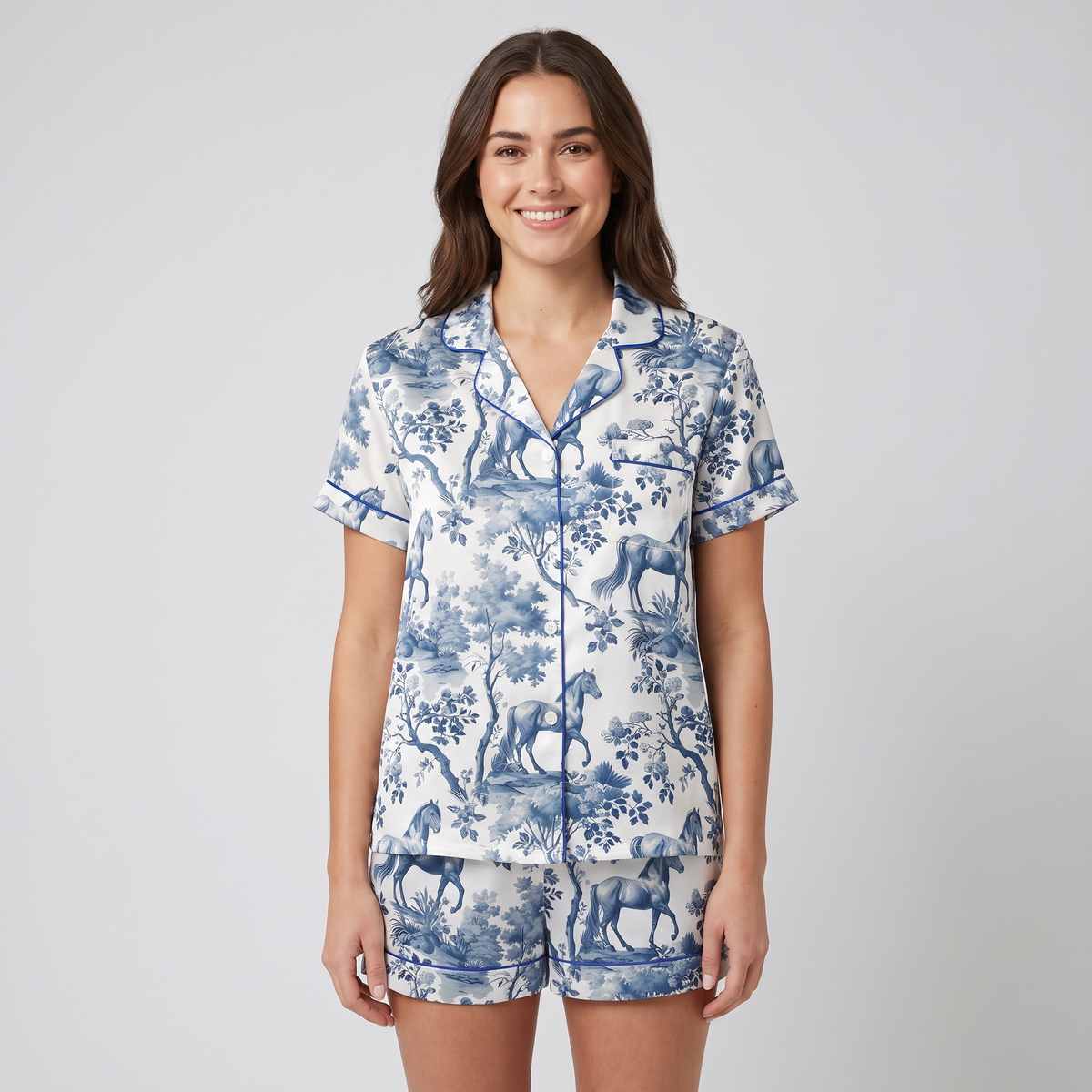 Blue Toile Meadow Horses Women's Pajama Set - short sleeve and shorts