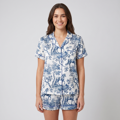 Blue Toile Meadow Horses Women's Pajama Set - short sleeve and shorts