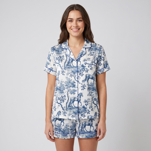 Blue Toile Meadow Horses Women's Pajama Set - short sleeve and shorts