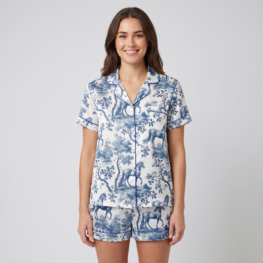 Blue Toile Meadow Horses Women's Pajama Set - short sleeve and shorts