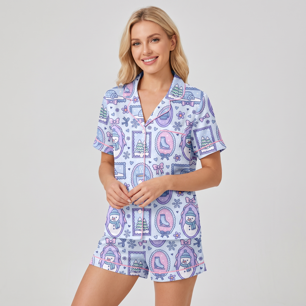 Pastel Snowmen & Skates Women's Pajama Set - short sleeve and shorts
