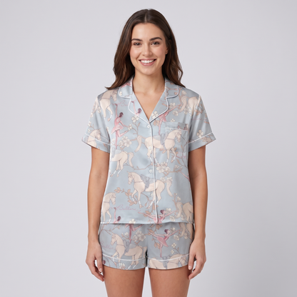 Dusty Blue Ballet Horses Women's Pajama Set - short sleeve and shorts