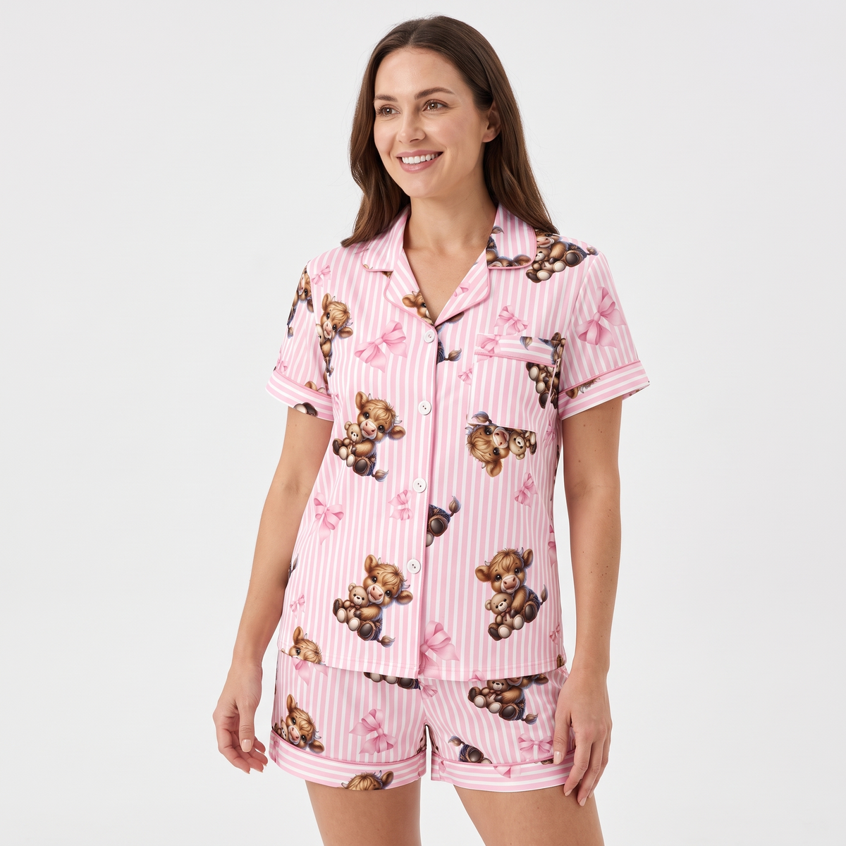 Highland Cows & Bows Women's Pajama Set - Pink - short sleeve and shorts