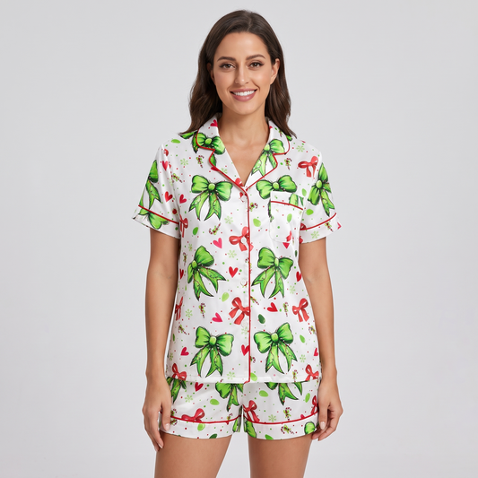 Mean Green Bows Women's Pajama Set - short sleeve and shorts