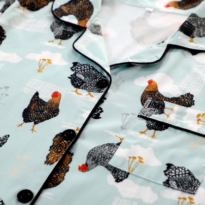 Hen House Women's Pajama Set - Mint Hens - print close-up