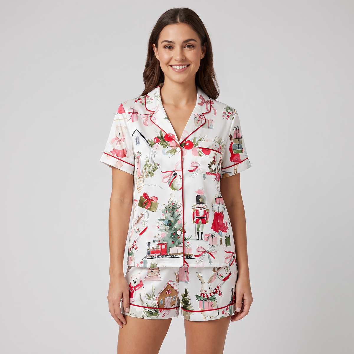 Cozy Nutcracker Village Women's Pajama Set - short sleeve and shorts