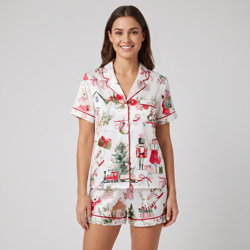 Cozy Nutcracker Village Women's Pajama Set - short sleeve and shorts