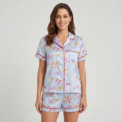 Dalmatians and Red Bows Women's Pajama Set - Blue short sleeve and shorts