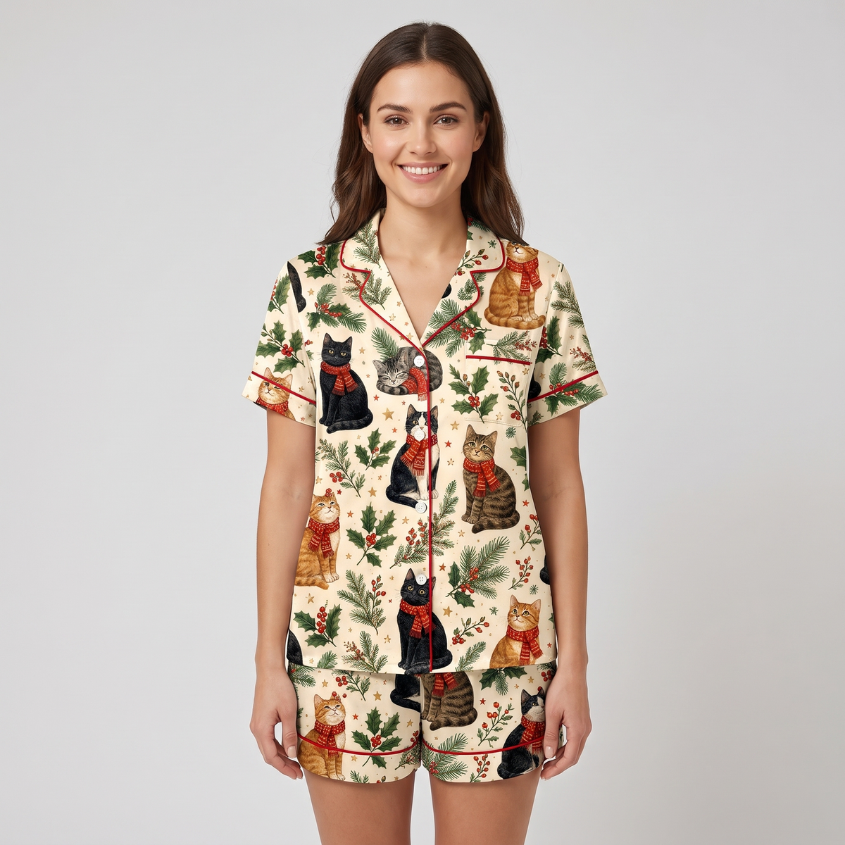 Holly Scarf Cats Christmas Women's Pajama Set - short sleeve and shorts