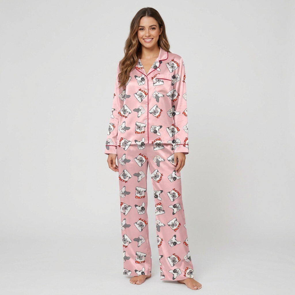 Women's satin pajama set with squishy French bulldog faces in red heart bows on soft pink - long sleeve and pants