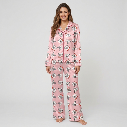 Women's satin pajama set with squishy French bulldog faces in red heart bows on soft pink - long sleeve and pants