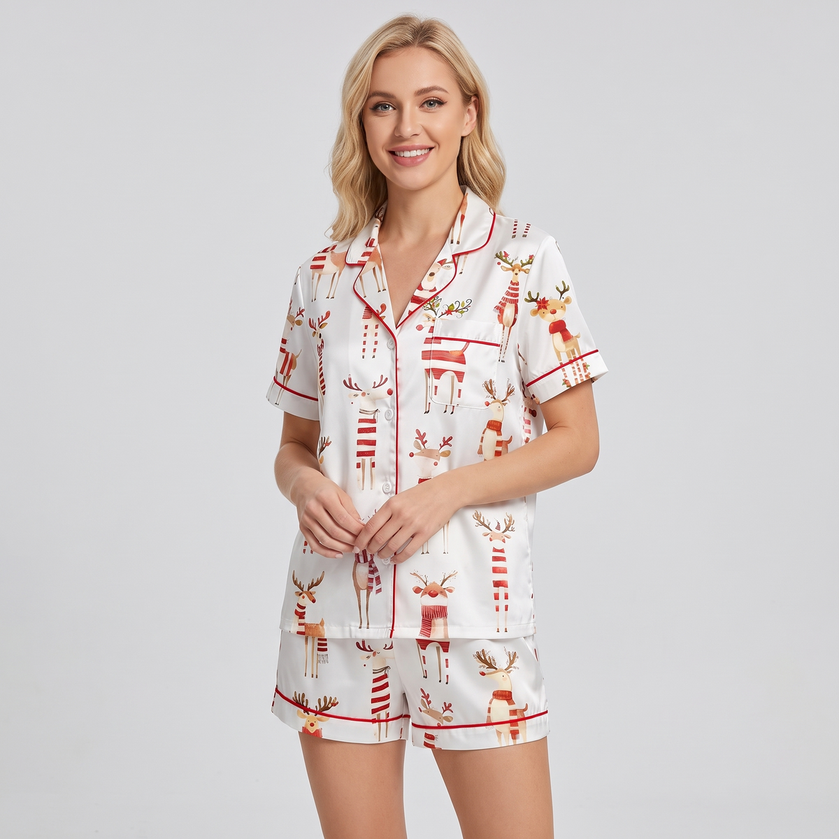 Funny Reindeer Watercolor Women's Pajama Set - short sleeve and shorts