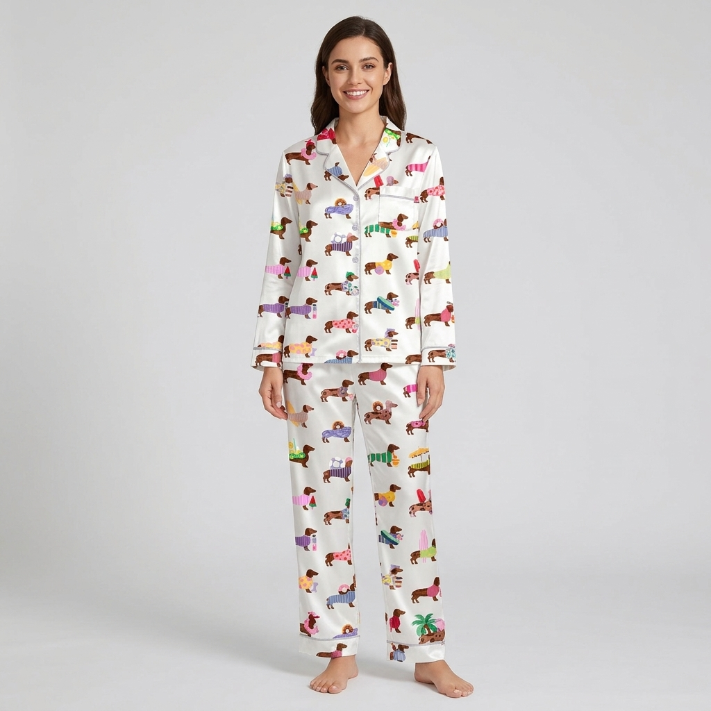 Women's satin pajama set with dachshunds in sweaters, palm trees and ice cream cones on white - long sleeve and pants