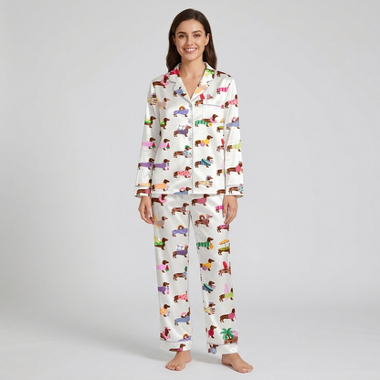 Women's satin pajama set with dachshunds in sweaters, palm trees and ice cream cones on white - long sleeve and pants