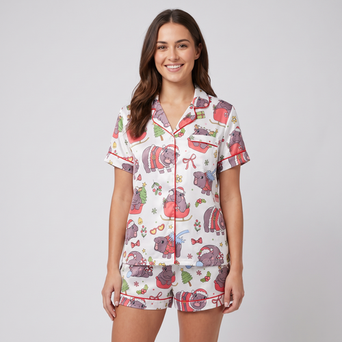Moo Deng Christmas Women's Pajama Set - short sleeve and shorts