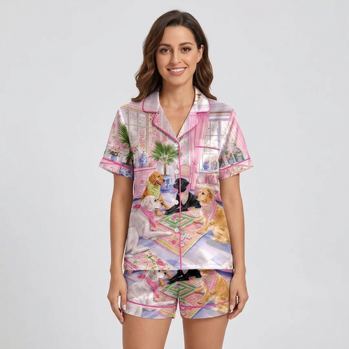 Women's satin pajama set with Labradors in bandanas playing mahjong in a pink chinoiserie parlor - short sleeve and shorts