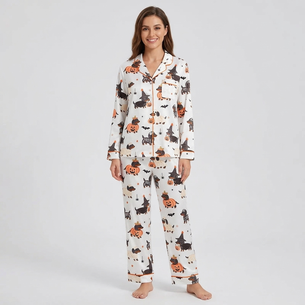 Women's satin pajama set with dachshunds in pumpkins and skeleton, mummy and witch costumes with bats on white - long sleeve and pants