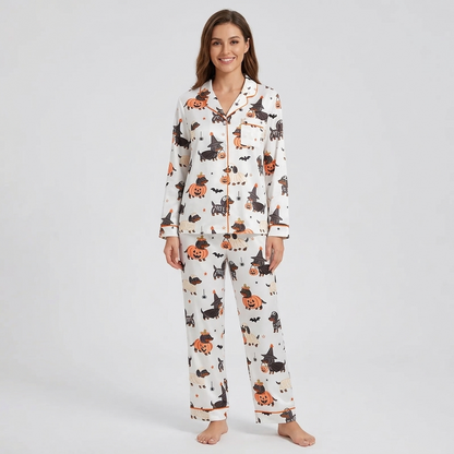 Women's satin pajama set with dachshunds in pumpkins and skeleton, mummy and witch costumes with bats on white - long sleeve and pants