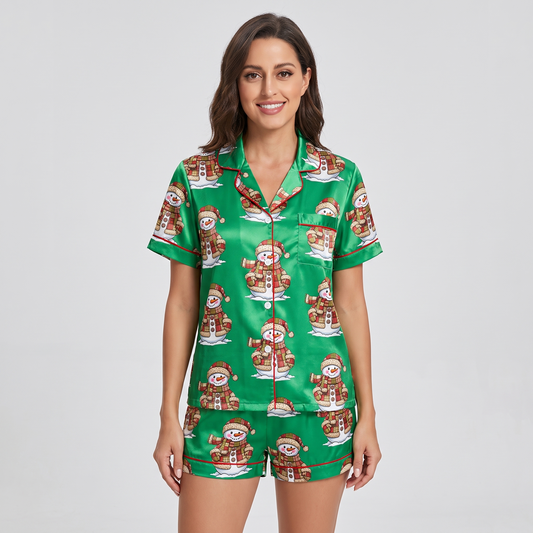 Patchwork Snowmen Women's Pajama Set - short sleeve and shorts