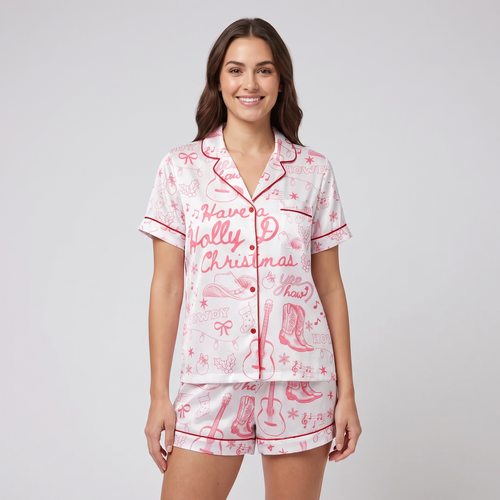 Pink Holly Dolly Women's Pajama Set - short sleeve and shorts