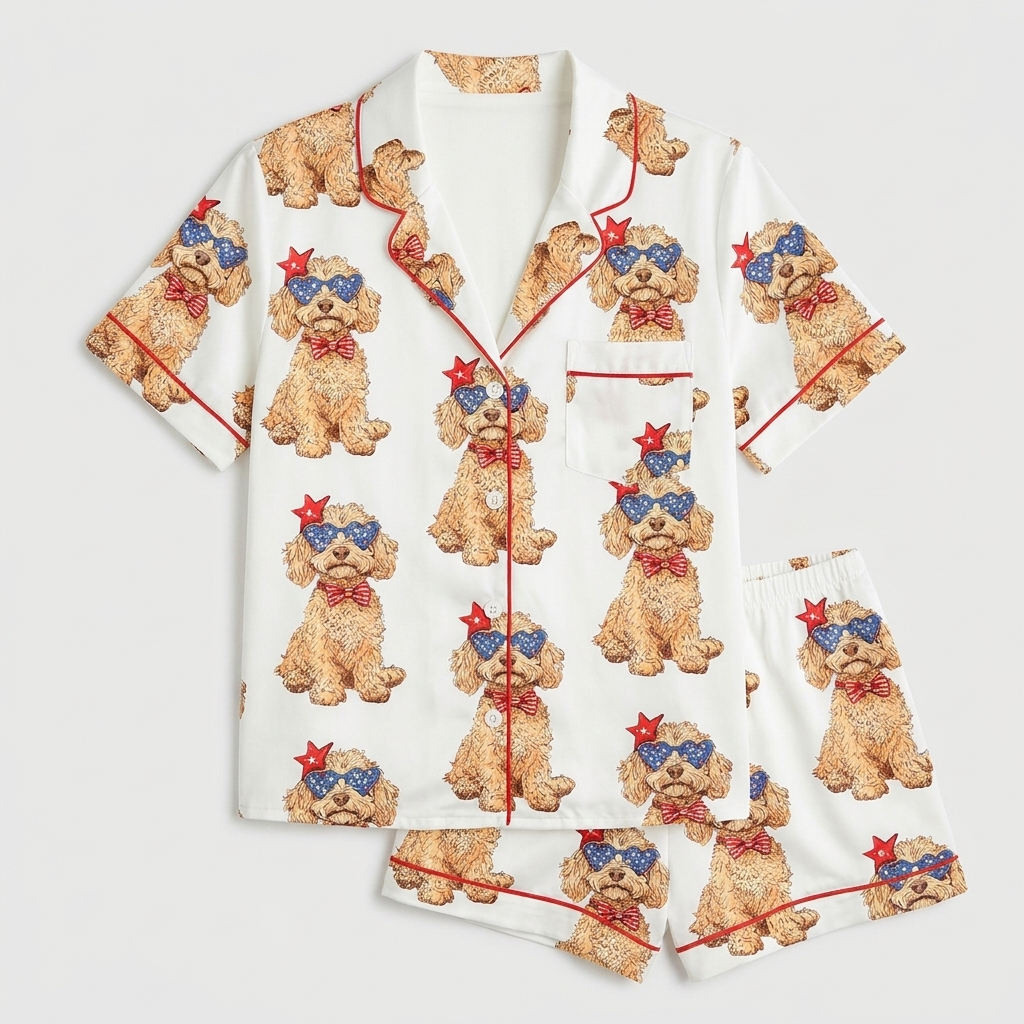 Women's satin pajama set with curly Goldendoodles in star sunglasses and red bow ties on white with red piping - flat lay
