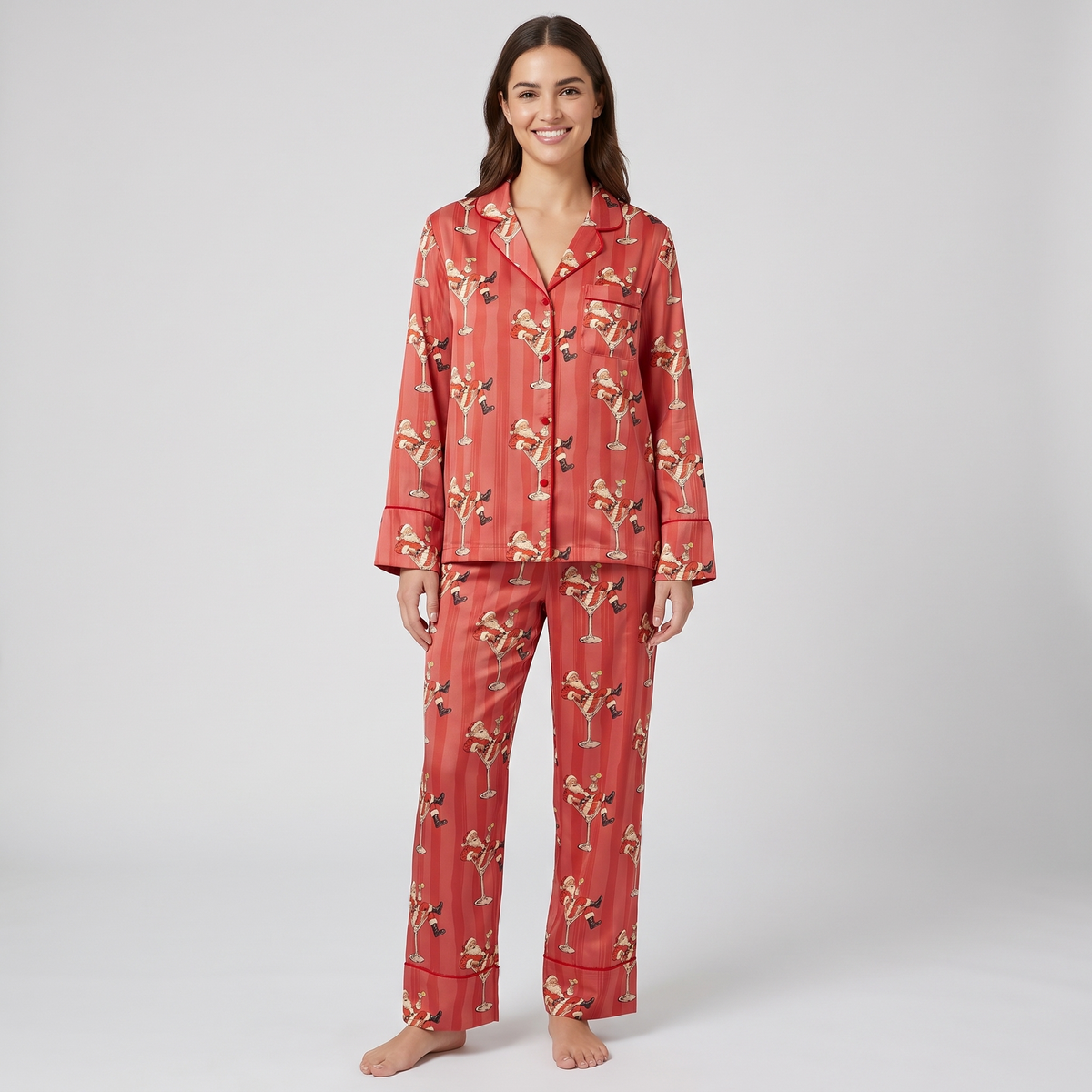 Retro Cheers Santa Women's Pajama Set - long sleeve and pants