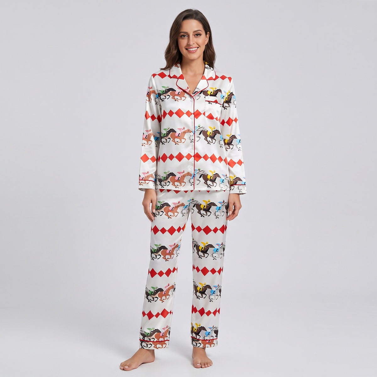 Red Diamond Racetrack Horses Women's Pajama Set - long sleeve and pants