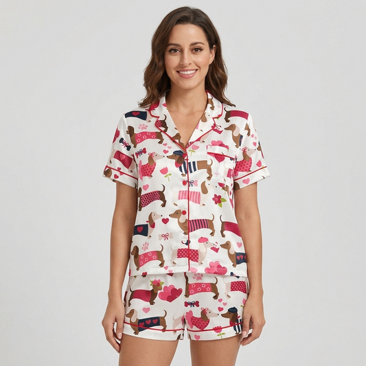 Women's satin pajama set with dachshunds in pink and red sweaters among hearts and balloons on white - short sleeve and shorts