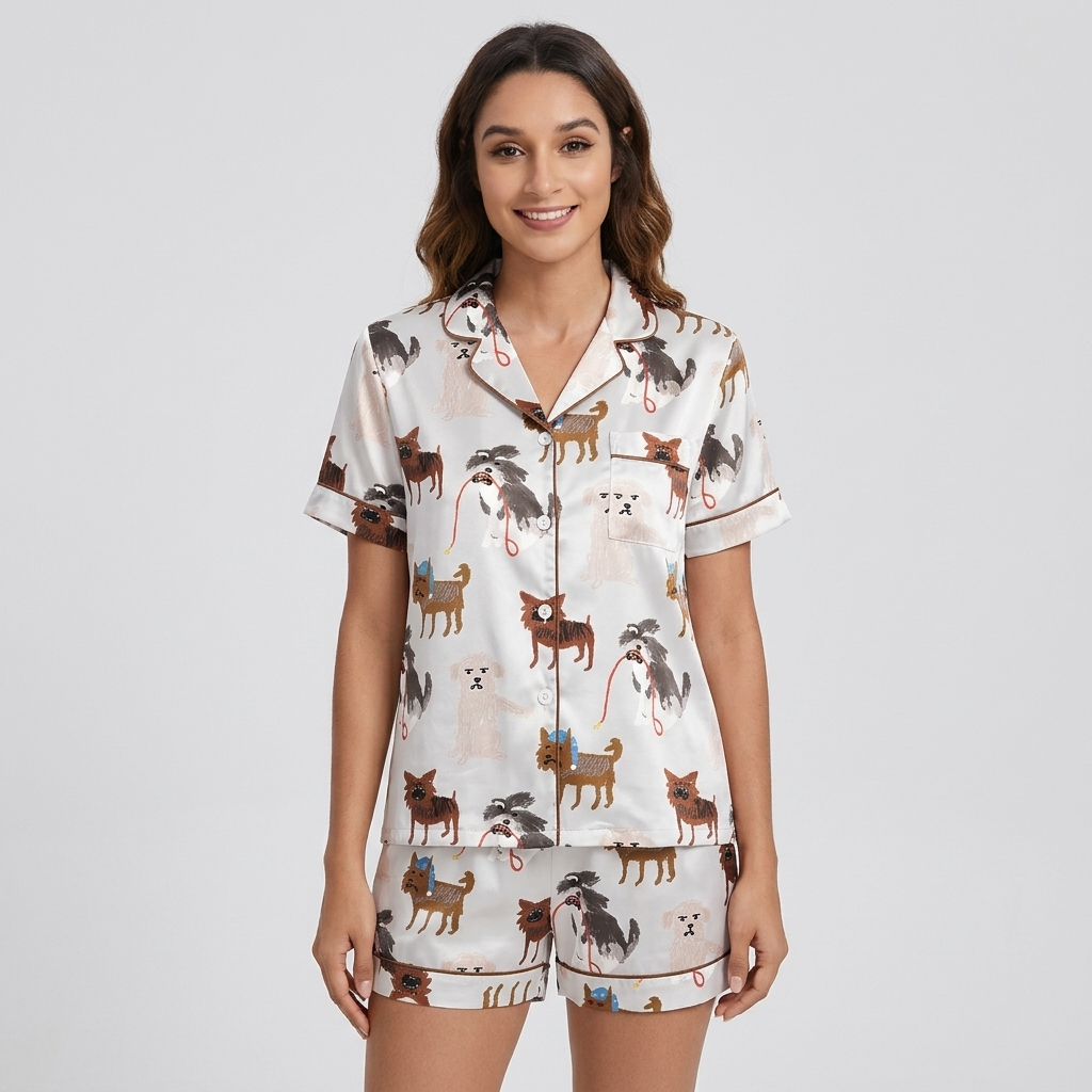 Women's satin pajama set with small dogs in knit caps and sweaters trailing red leashes on white - short sleeve and shorts