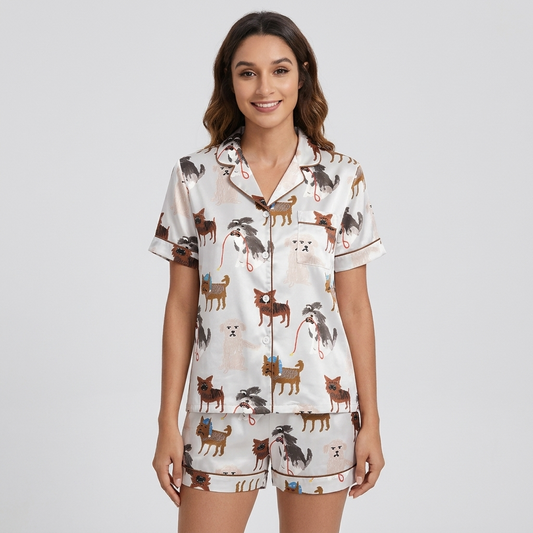 Women's satin pajama set with small dogs in knit caps and sweaters trailing red leashes on white - short sleeve and shorts