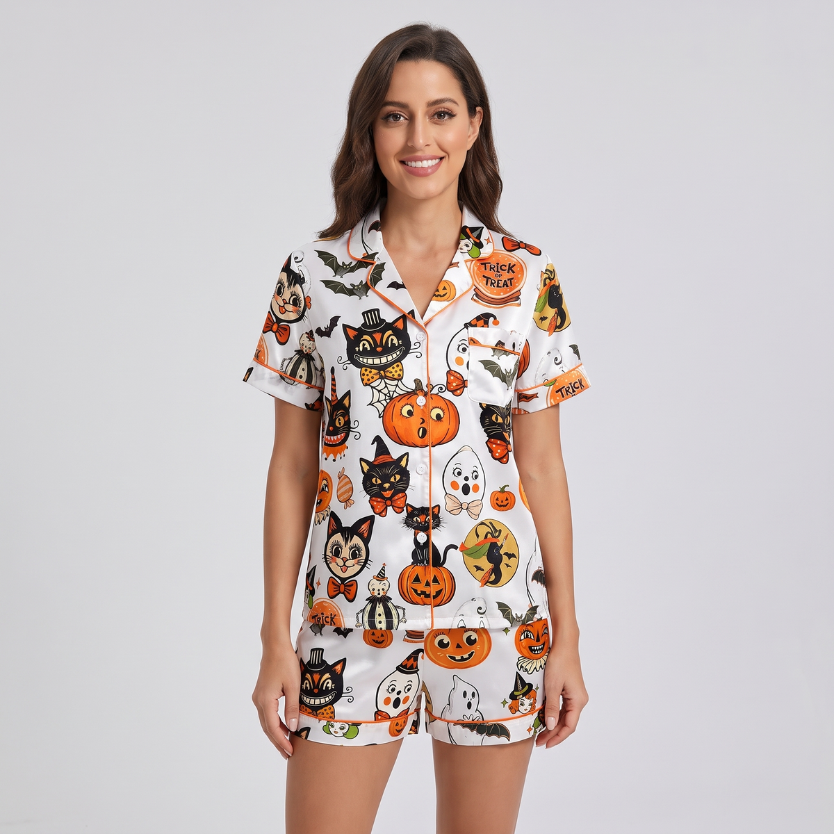 Retro Halloween Cats Women's Pajama Set - short sleeve and shorts