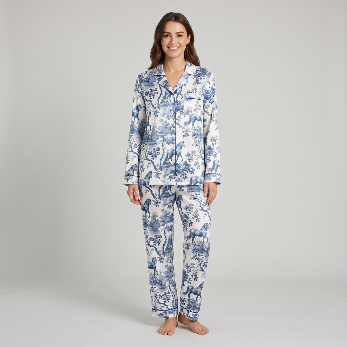 Blue Toile Meadow Horses Women's Pajama Set - long sleeve and pants