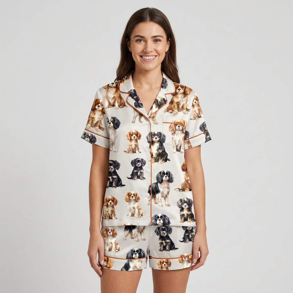 Women's long-sleeve satin pajama set with Cavalier King Charles spaniels in ruby, tricolor and black-and-tan on white - short sleeve and shorts