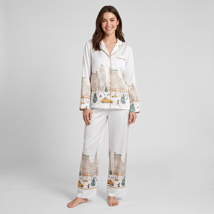 Watercolor New York Snow Women's Pajama Set - long sleeve and pants