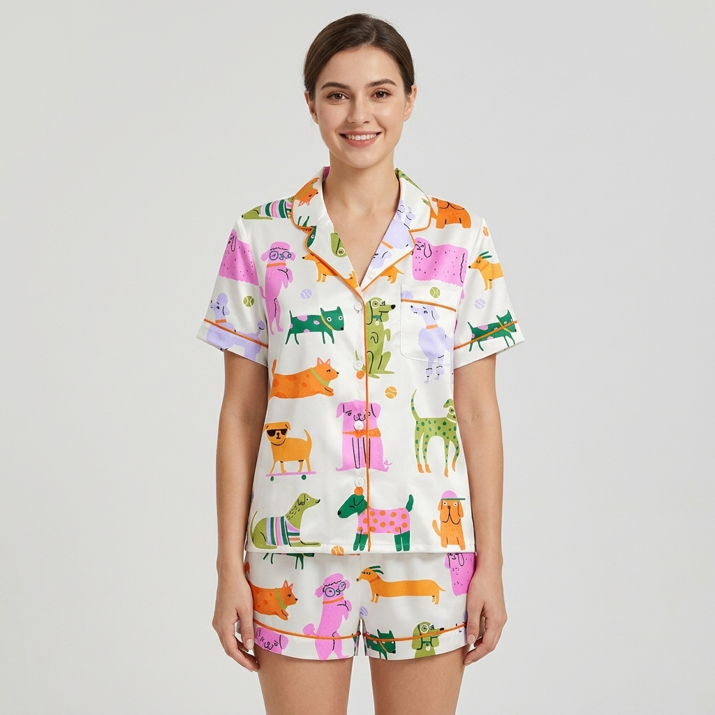 Women's satin pajama set with poodles in glasses and polka-dot dogs in orange, pink, lavender and green - short sleeve and shorts