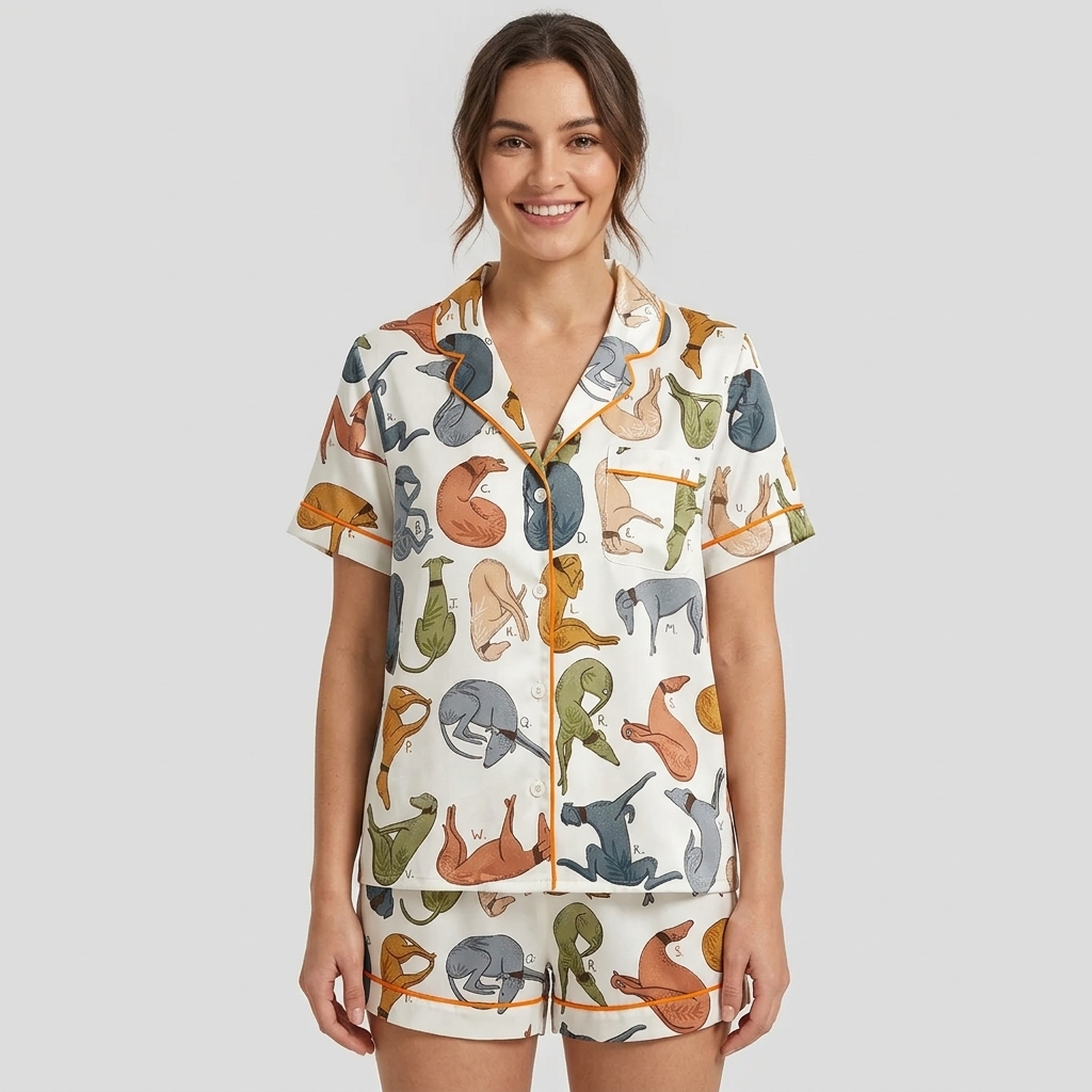 Women's satin pajama set with sleeping greyhounds and whippets in rust, slate and olive on white - short sleeve and shorts