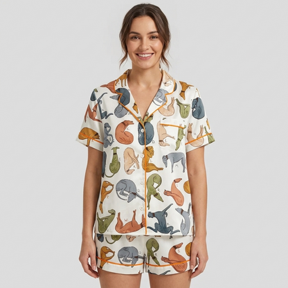 Women's satin pajama set with sleeping greyhounds and whippets in rust, slate and olive on white - short sleeve and shorts