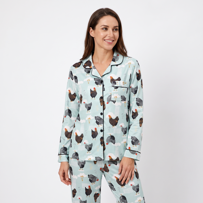 Hen House Women's Pajama Set - Mint Hens - long sleeve and pants