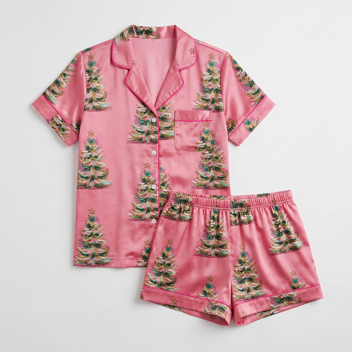 Flocked Trees On Pink Women's Pajama Set - flat lay