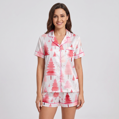 Pink Watercolor Trees Women's Pajama Set - short sleeve and shorts