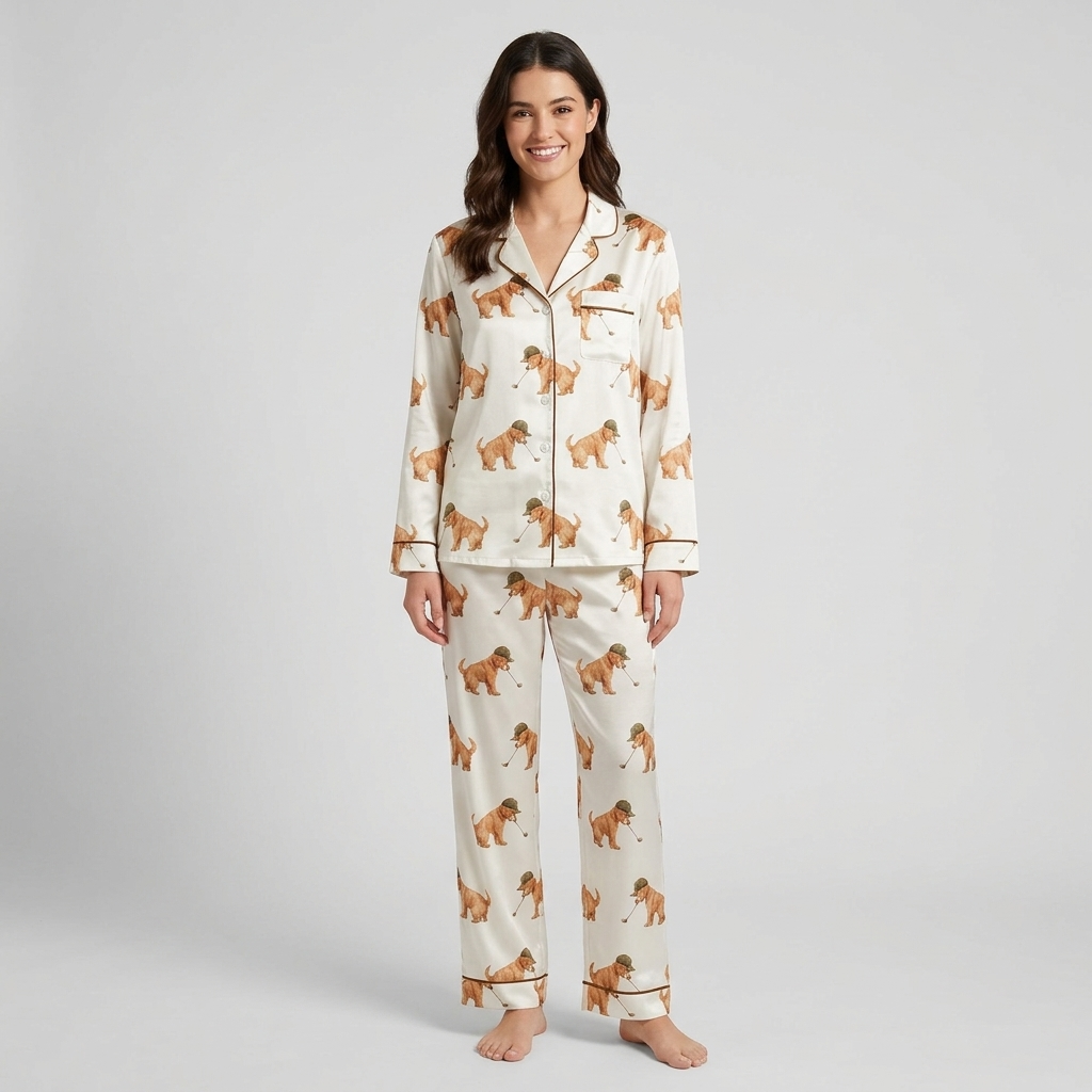 Women's satin pajama set with golden retriever puppies in tweed flat caps swinging golf clubs on white - long sleeve and pants