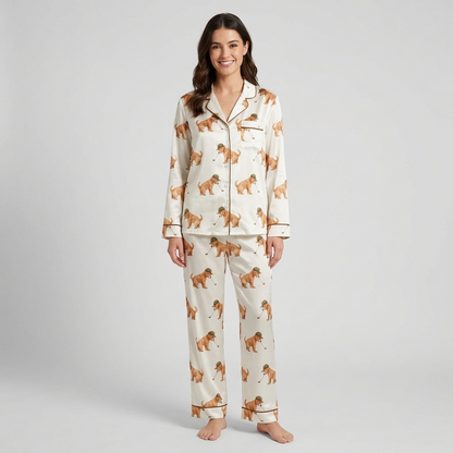 Women's satin pajama set with golden retriever puppies in tweed flat caps swinging golf clubs on white - long sleeve and pants