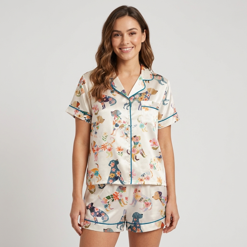 Floral Silhouette Dogs Women's Pajama Set - White short sleeve and shorts