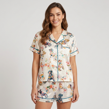 Floral Silhouette Dogs Women's Pajama Set - White short sleeve and shorts