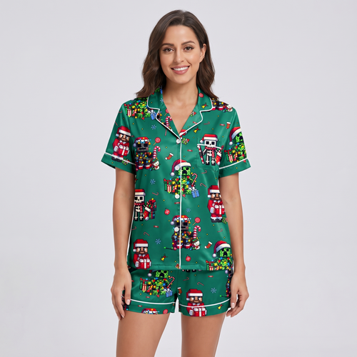 Pixel Creeper Christmas Inspired Women's Pajama Set - short sleeve and shorts